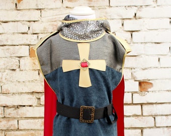 Knight costume for kids, kids knight outfit with: chainmail, surcoat and cape all in one, belt, balaclava and sword,handmade knight dress up