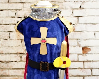 Kids knight costume, knight tunic and cape all in one, with belt, balaclava and sword; knight medieval surcoat, knight dress up