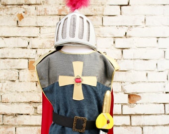 Knight costume for kids, knight tunic and cape all in one, with belt, helmet and sword; kids medieval surcoat, knight dress up