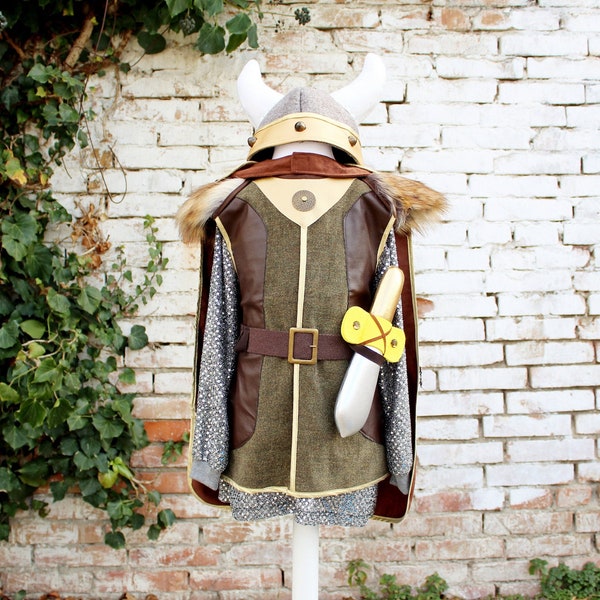 Kids viking costume, boys viking costume, viking dress up with tunic, vest, belt, cape, helmet, dagger and ax, medieval tunic, kids costumes