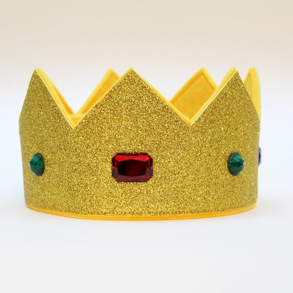 Krone für Kinder als König oder Königin, Krone aus Filz und goldenem Glitzerschaum mit aufgeklebten Strasssteinen, verstellbare Stoffkrone, König Artus-Kostüm