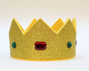 Couronne de roi ou de reine pour enfant, couronne en feutre et mousse à paillettes dorées avec strass collés, couronne en tissu réglable, costume du roi Arthur