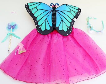 girl butterfly costume with Morpho butterfly wings, tutu, butterfly hairband and magic wand, butterfly gift for girl, fairy costume for girl