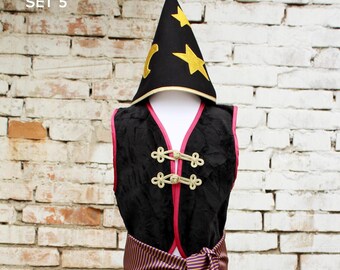 Wizard costume for kids with vest, sash, cone hat and magic wand; Kids wizard costume set, Wizard dress-up set, handmade Kids wizard outfit