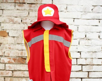 kids fireman costume with vest with hydrant and felt hat, kids toddler firefighter costume, firefighter dress up, fireman handmade costume