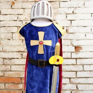Pode incluir: Uma t&uacute;nica de veludo azul com uma cruz dourada e gema vermelha, com detalhes dourados nos ombros, cinto preto e capa vermelha. Inclui um capacete prateado com pluma rosa e uma espada prateada com punho dourado e gema vermelha incrustada.