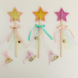 magic wand for girls, princess wand with felt and glitter star, satin and tulle ribbons and magic powder bag, childrens toy wand, Tata Drama