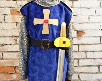 Knight costume for kids, knight outfit with: chainmail, tunic and cape all in one, belt, balaclava and sword; knight medieval kid