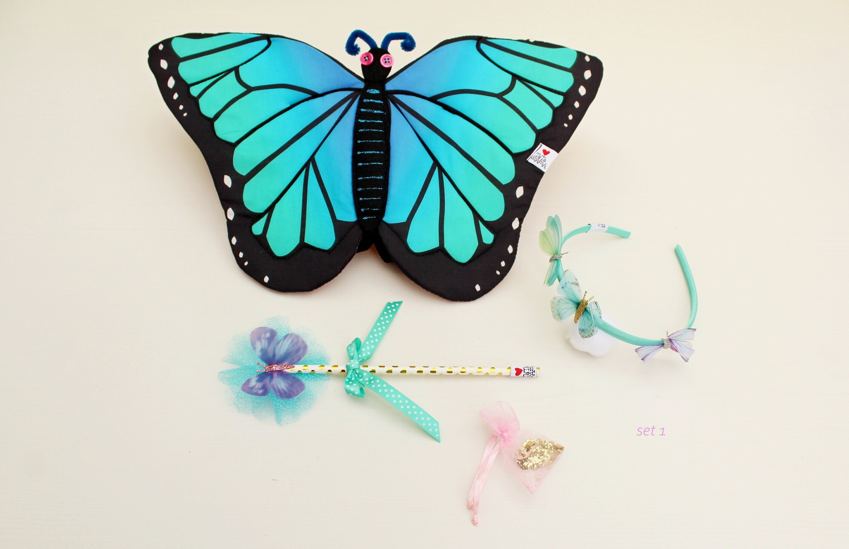 Morpho butterfly costume with blue butterfly wings, butterfly hairband and magic wand, butterfly dress up, gift for girl, fairy dress up