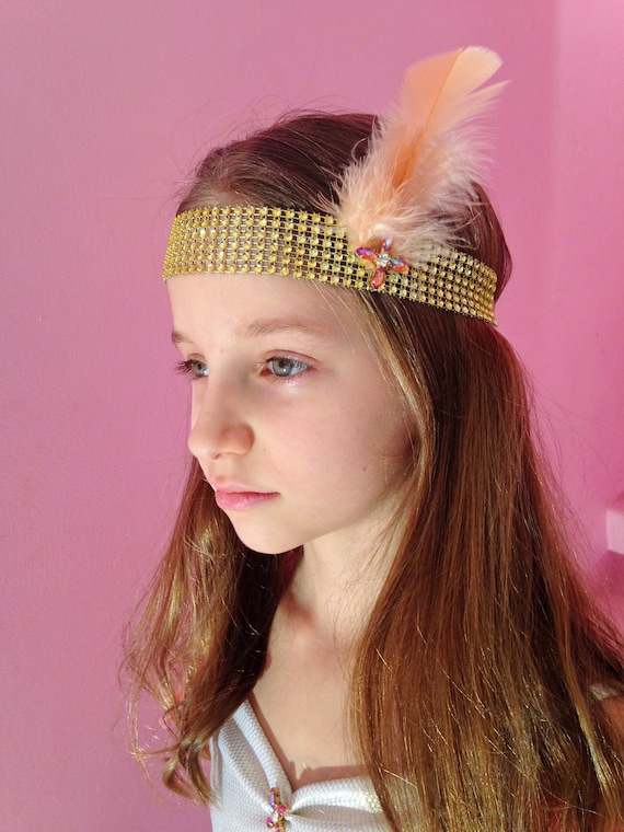 Fascia per capelli con piume in stile charleston anni '20, fascia per capelli dorata con piume e gioiello in strass, costume charleston, - Italia