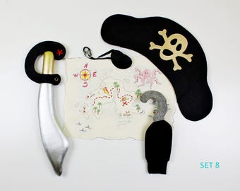 Piratenkostüm-Set für Kinder, mit Hut, Schwert, Augenklappe, Haken und Schatzkarte, Piratenkostüm-Set, Piratenkostüm-Zubehör