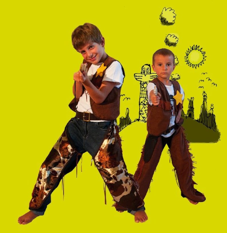 May include: Two children wearing white t-shirts, brown vests with yellow star badges, and brown chaps over blue jeans. One child wears cow-print chaps, while the other wears solid brown chaps. Both hold toy pistols against a bright yellow background.