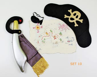 Piratenkostüm-Set für Kinder, mit Hut, Schwert, Schärpe, Augenklappe, Haken und Schatzkarte, Piratenkostüm, Piratenzubehör