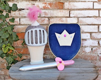 girl knight set with sword shield and helmet, princess warrior set, foam weapons, girl knight dress up, knight play set, Tata Drama handmade