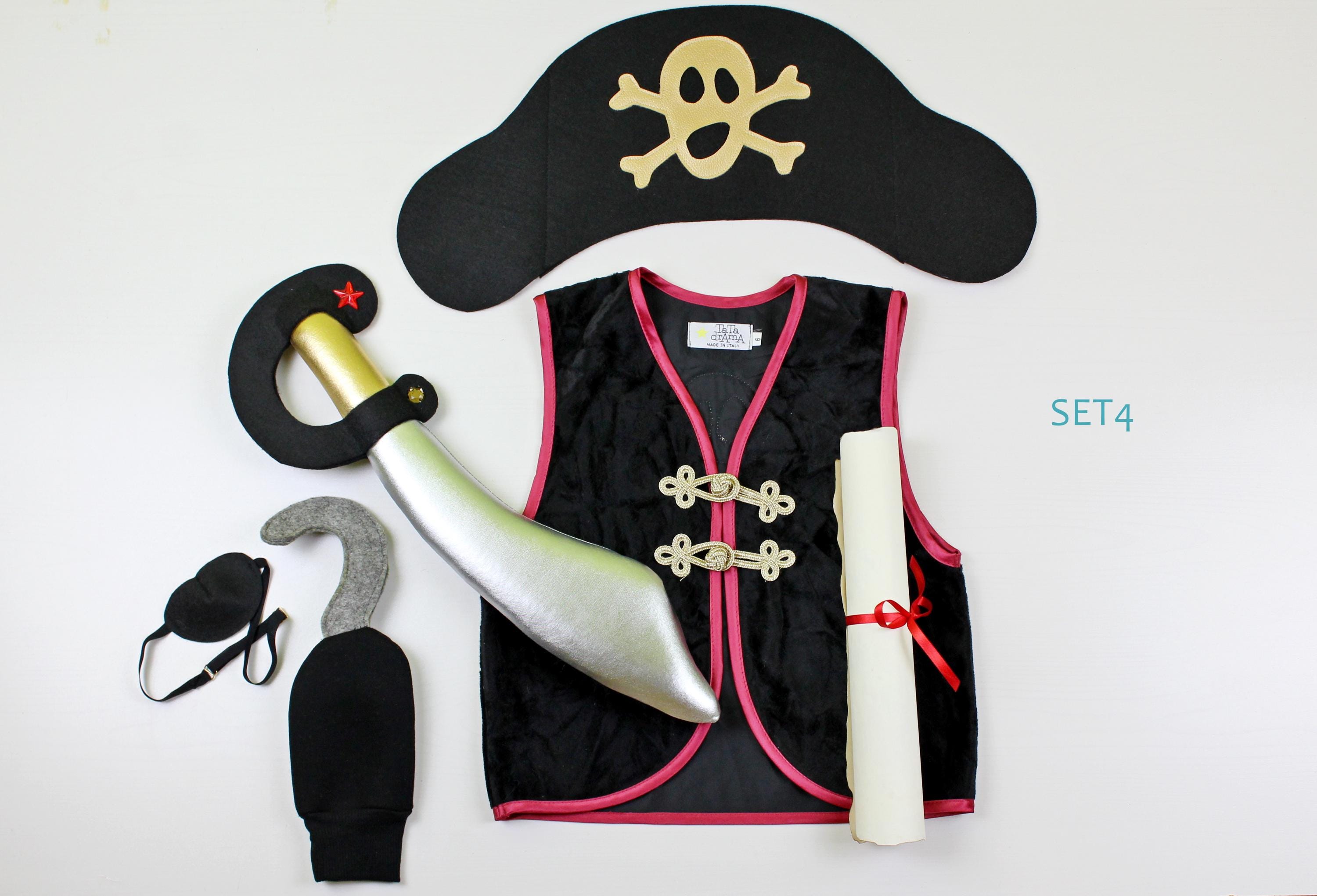 SEFIRST Costume Pirate Enfant 7 Pièces - Déguisement Complet Avec Gilet, Bandeau, Cache-Oeil, Crochet, Perroquet Gonflable - Halloween Carnaval