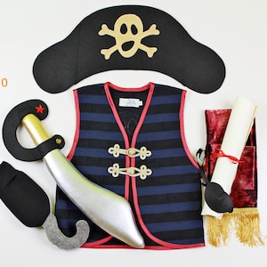 Disfraz de pirata para niño con chaleco, fajín, espada, gorro, venda, gancho y mapa del tesoro; disfraz de pirata, conjunto de pirata