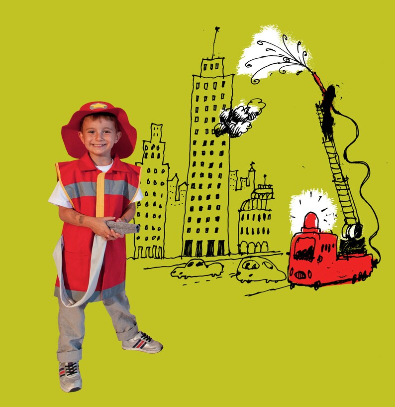 May include: A young boy dressed as a firefighter stands in front of a drawing of a city with a fire truck and a fireman putting out a fire. The boy is wearing a red and yellow firefighter vest, a red hat, and blue jeans. He is holding a hose in his hands.