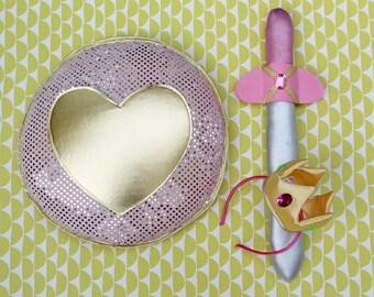 girl sword shield and crown, girl knight dress up, pink sword, girl foam sword, warrior princess set, princess knight costume, pretend play