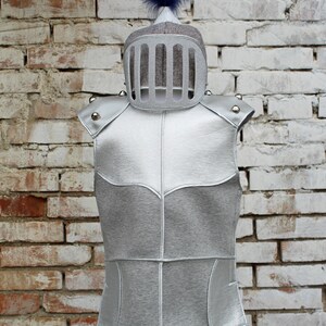 Puede incluir: Un chaleco de armadura de color plateado con un casco gris con una pluma azul en la parte superior. El texto "armatura + elmo" est&aacute; escrito en la esquina superior izquierda y "armor + helmet" en la esquina superior derecha.