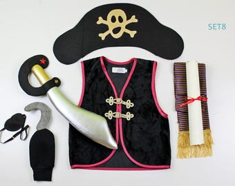Piratenkostüm für Kinder mit Weste, Schärpe, Schwert, Hut, Augenklappe, Haken und Schatzkarte; Piratenkostüm, Piratenset