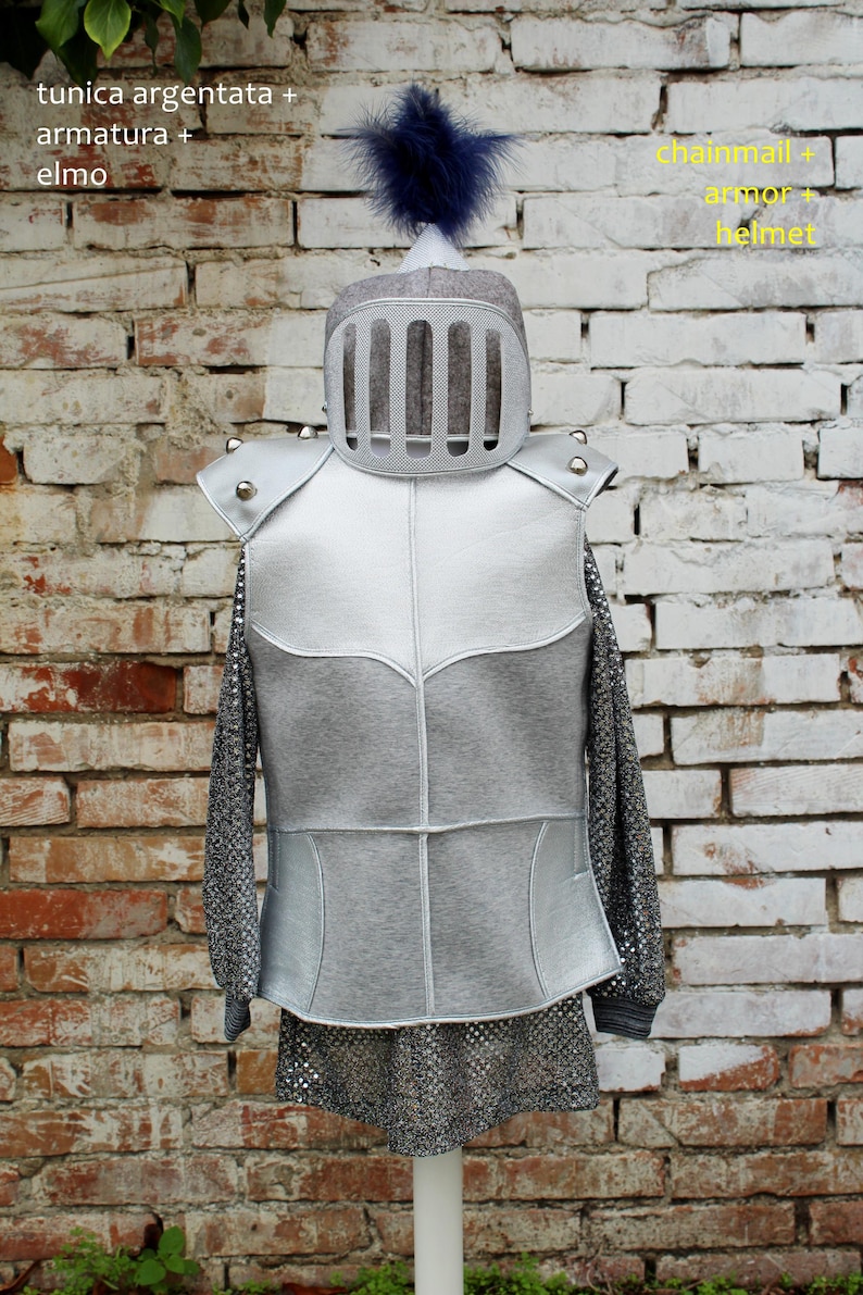 Puede incluir: Un disfraz de cota de malla plateado con un casco y una armadura a juego. El casco tiene una pluma azul en la parte superior. El texto "chainmail + armor + helmet" est&aacute; escrito en amarillo en el lado derecho de la imagen. El texto "tunica argentata + armatura + elmo" est&aacute; escrito en negro en el lado izquierdo de la imagen.