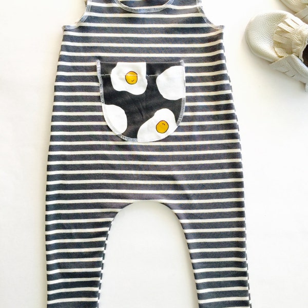 Baby harem Romper ,organic baby romper,Cotton stripe romper with patched front pocket, Baby Boy or Girl Romper,Charcoal and Natural