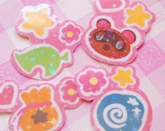 Animal Crossing Mini Holographic Dicut Sticker Set | Journal Stickers | Cute Anime Sticker | Stationary | Cute Bujo Supplies
