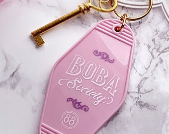 Boba Society Pink Motel Key Chain With Gold Key - Kawaii ABG Vintage Retro Aesthetic - Ready To Ship - FairyFlux