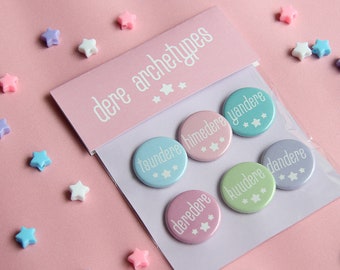 Dere Archetypes Button Pack - 1.25" Pastel Pinback Button Badge - Tsundere - Yandere - Ready To Ship - FairyFlux