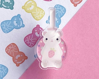 Strawberry Bubble Tea Bear Pin - 1.39" Acrylic - Kawaii Sweet Pink Pastel - Ready To Ship - FairyFlux