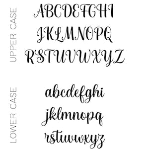 May include: A white background displays the uppercase and lowercase letters of the alphabet in a cursive font. The letters are black and arranged in rows, with the uppercase letters above the lowercase letters.