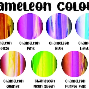 May include: An image showcasing seven circular color swatches labeled "Chameleon" followed by a color name. Colors include bronze, pink, blue, light blue, orange, neon green, and purple pink. The text "Chameleon Colours" is at the top.