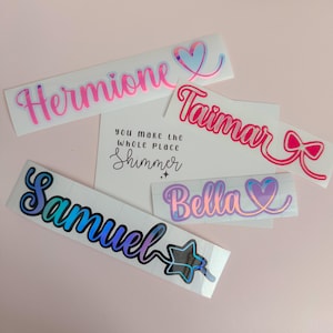 Double layered custom made vinyl name sticker heart – personalised label decal hologram rainbow heart image 2