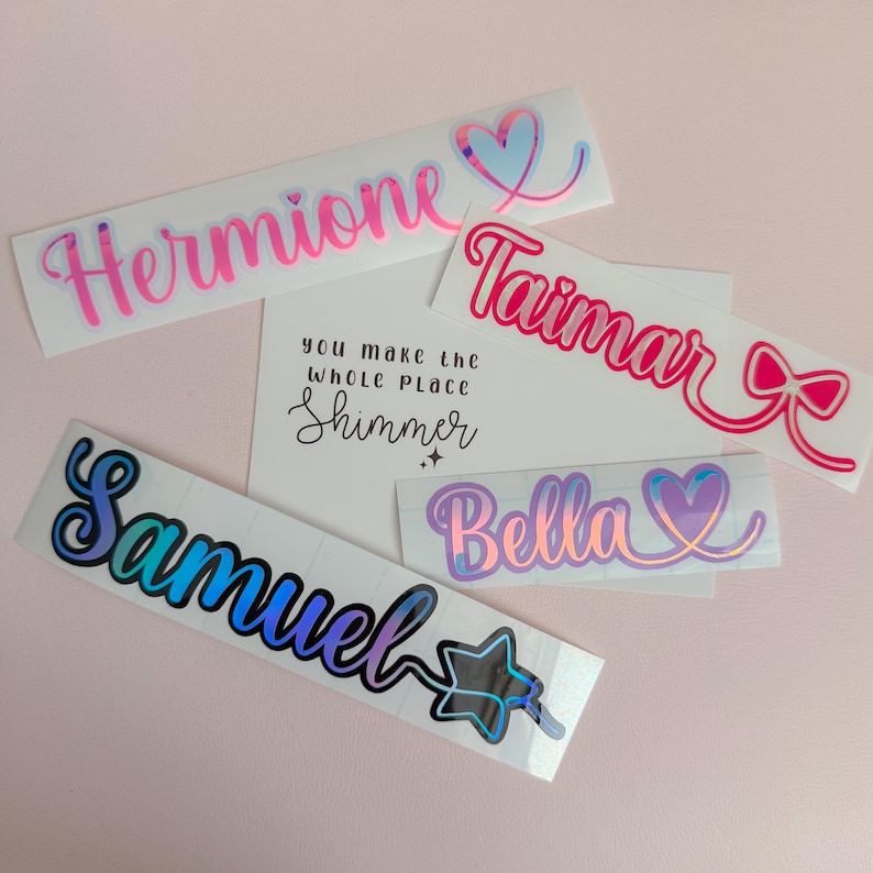 Double layered custom made vinyl name sticker heart – personalised label decal hologram rainbow heart image 2