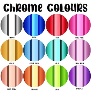 May include: An image showcasing a variety of chrome colors. The word "Chrome Colours" is at the top. The colors are arranged in circles and include silver, blue, red, hot pink, gold, light blue, mint, lilac pink, rose gold, orange, lime, and purple.