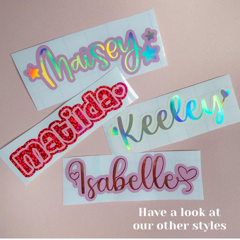 Double layered custom made vinyl name sticker heart – personalised label decal hologram rainbow heart image 14