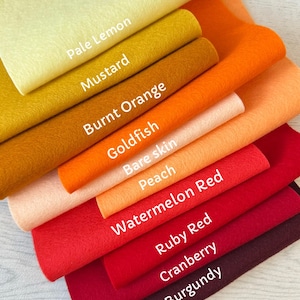 May include: A stack of ten felt sheets in various shades of orange, red, and burgundy. The felt sheets are labelled with their colour names: Pale Lemon, Mustard, Burnt Orange, Goldfish, Bare Skin, Peach, Watermelon Red, Ruby Red, Cranberry, and Burgundy.