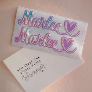 Double layered custom made vinyl name sticker heart – personalised label decal hologram rainbow heart image 4