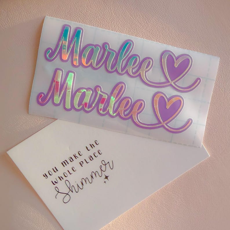 Double layered custom made vinyl name sticker heart – personalised label decal hologram rainbow heart image 4