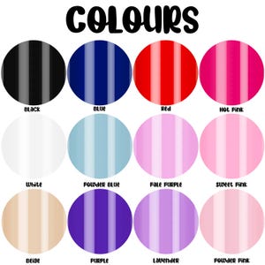 May include: An image displaying a color chart with the word "COLOURS" at the top. The chart features twelve circles, each showcasing a different color, including black, blue, red, hot pink, white, powder blue, pale purple, sweet pink, beige, purple, lavender, and powder pink.