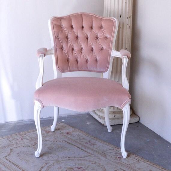 Shabby Cottage Chic White Armchair In Tufted Rose Velvet Pink Accent Chair Romantic