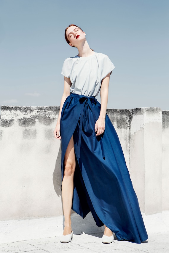 Blue Long Flow Skirt Maxi Wrap Formal Skirt New Year s Eve Outfit Party Skirt Christmas Holiday Wear Petrol Long Skirt With Slit Etsy