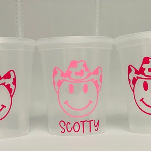 Cowgirl Party Cups, Cowgirl Birthday Party,bachelorette party, Cowgirl smile face, Cowgirl party favors, Stadium cups, Cow print