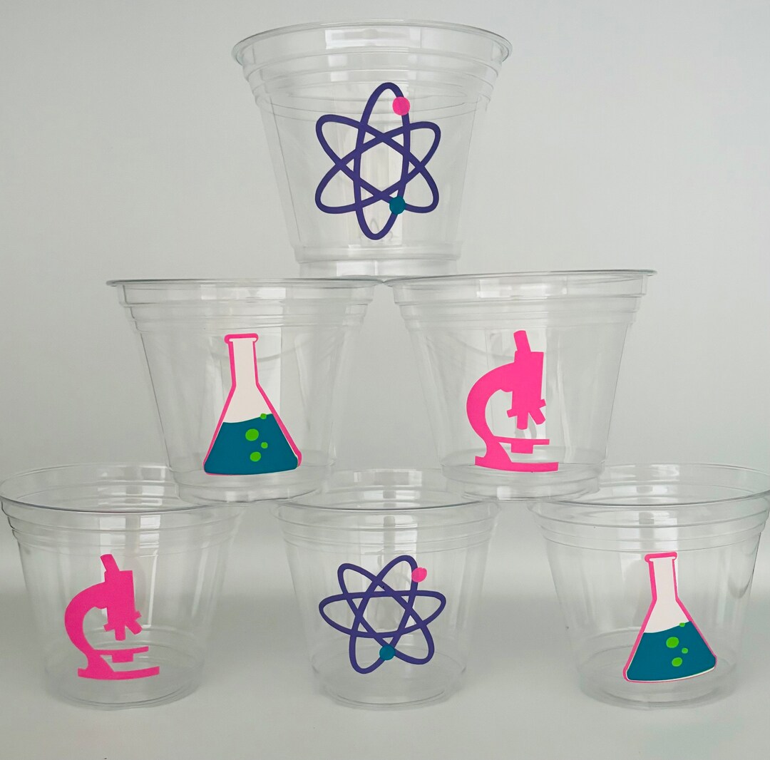 Girl Science Party Snack Cups, Pink Mad Scientist Party Cups, Science Birthday Party Cups