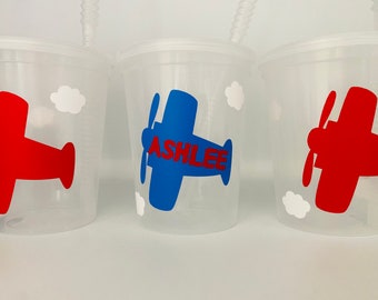 Airplane Party cups, First Flight, Airplane Birthday Cups, Plane Baby Shower, Vintage Airplane, Party supply, Reusable, Time Flies