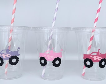 Girls Monster truck party cups, Monster Truck Birthday Party Cups, Pink Monster Truck, Party Favors, Truck Party, baby shower, Disposable