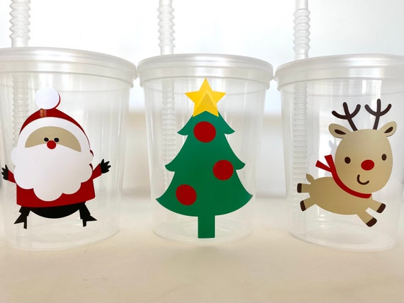 Christmas plastic cups with straws and lids, snowmen and santa hat designs  - Holiday party cups, Christmas party cups