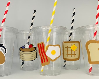 Breakfast Foods Party Cups, Breakfast Food Birthday Party, Slumber Party, Sleep over, Eggs, Pancake, Bacon, Toast, Syrup, Party Supplies