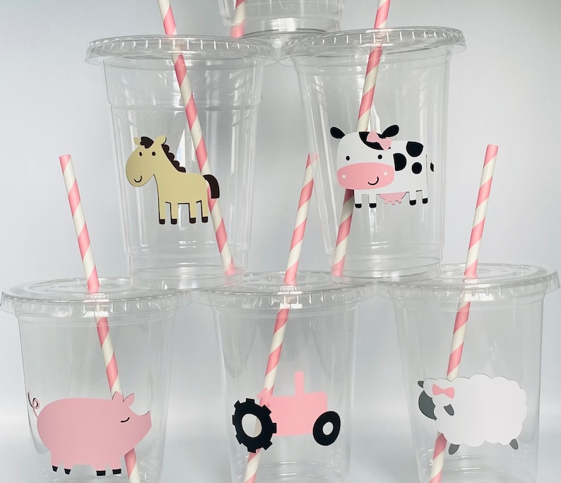 Girls farm party cups, Pink Farm Party, Pink Tractor Party, Farm Birthday Party, Farm Baby Shower, Girls Farm Birthday Party, Disposable image 2