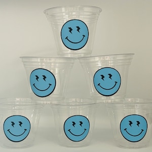 Una fiesta de tipo feliz, cara sonriente relámpago, fiesta de cara sonriente, fiesta de cumpleaños de cara sonriente, suministros para fiestas, vasos de fiesta desechables, favores